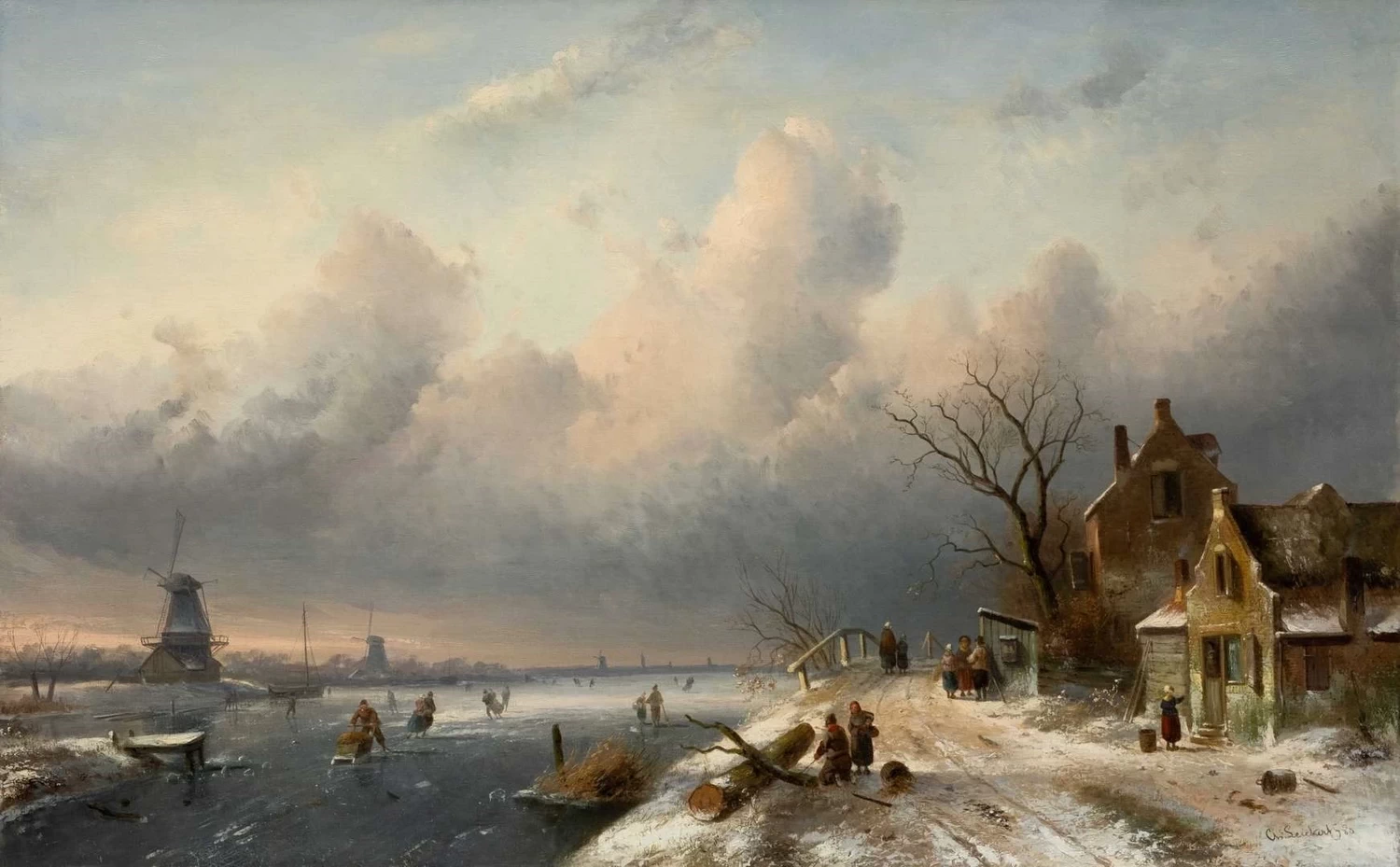 Charles Leickert - Paesaggio invernale nel tardo pomeriggio con figure sul ghiaccio e due segherie di legno sulla riva sinistra